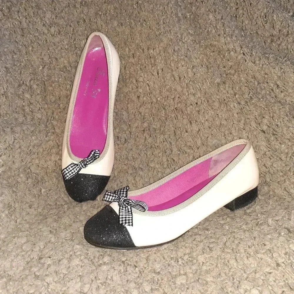 FERCA 81-ITALY-Nude Leather-Black Glitter Toe/Heel-Gingham Bow-Sz 37-Excellent
